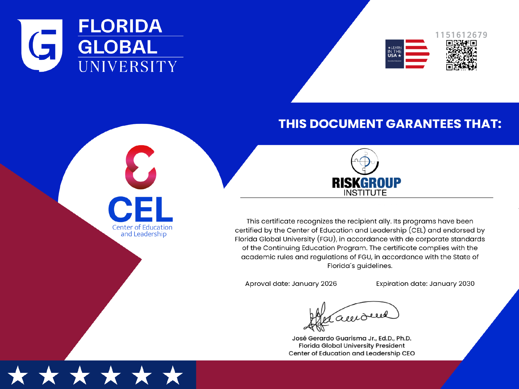 Certificado de alianza de RISK GROUP INSTITUTE: programas certificados por CEL y avalados por Florida Global University; enero de 2026 a enero de 2030
